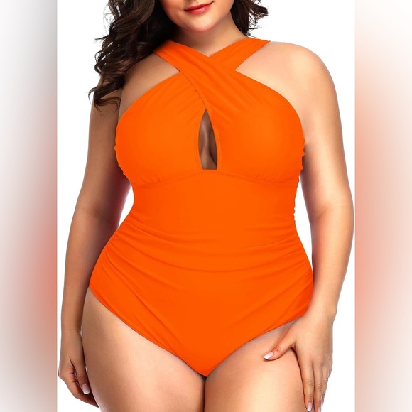 Daci Front Cross Plus Size One Piece Swimsuits Tummy Control Keyhole Orange - Picture 3 of 5
